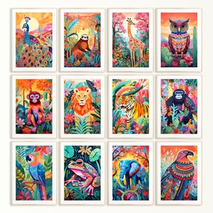 Set of 12 Colorful Animal Prints Fun Nursery Art Safari Animal Wall Art Cute Jungle Animal Prints Kids Room Printable Animal Nursery Decor