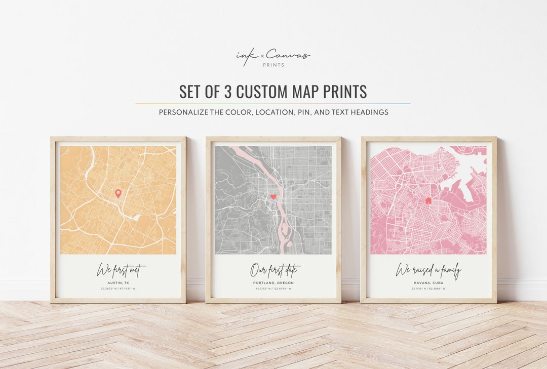 Set of 3 Custom Map Prints Any City Map Trio Location Map - Etsy Hong Kong