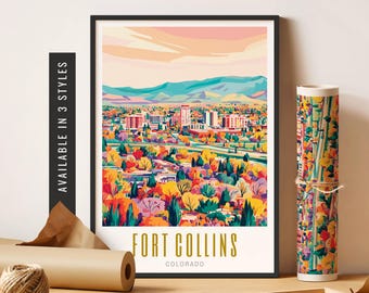 Impression d'art Fort Collins Colorado Art mural de ville de voyage Ligne d'horizon de Collins, affiche de voyage colorée dans une ville, impression d'art sans cadre, décoration murale imprimable