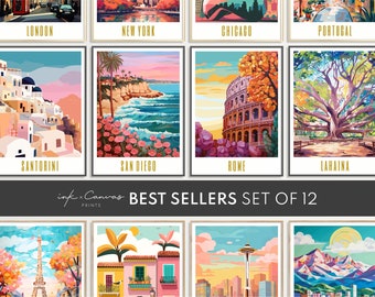 Travel Poster Gallery Set of 12 Best Sellers World Travel Prints Digital Download Maximalist Wall Art Eclectic Home Decor Aesthetic Posters