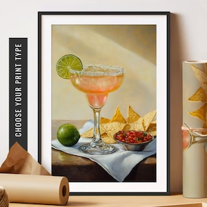 Margarita Wall Art Bar Cart Decor Tequila Cocktail Art Vintage Oil Painting Chips Salsa Art Retro Eclectic Wall Art Gift for Margarita Lover
