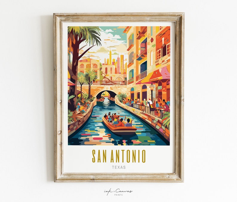 san antonio poster, san antonio print, san antonio texas poster, san antonio wall art, san antonio riverwalk, san antonio art, modern travel poster, retro travel print, city print, cities prints, landscape scenery, destination poster, travel art
