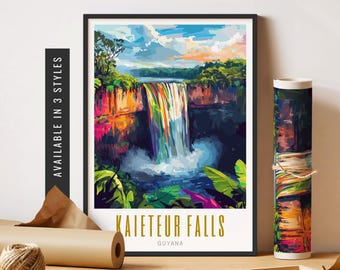 May include: A colorful illustration of Kaieteur Falls in Guyana. The waterfall is depicted in a vibrant blue, green, and yellow color scheme, with a lush green jungle surrounding it. The text "Kaieteur Falls" is written in gold letters at the bottom of the image, with "Guyana" written in smaller gold letters below it.