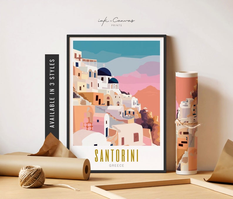 May include: A colorful illustration of Santorini, Greece, with white buildings and blue domes on a cliffside. The text "Santorini" and "Greece" is below the image.