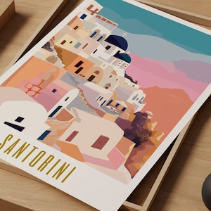 santorini poster, santorini print, santorini travel poster, santorini wall art, santorini greece print, santorini art print, modern travel poster, retro travel print, city print, cities prints, vibrant wall art, landscape and scenery, travel art