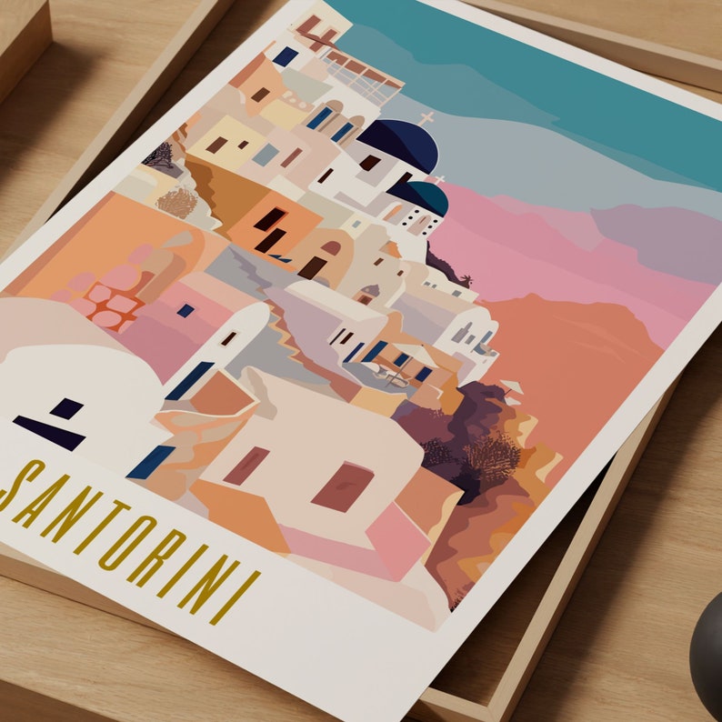 santorini poster, santorini print, santorini travel poster, santorini wall art, santorini greece print, santorini art print, modern travel poster, retro travel print, city print, cities prints, vibrant wall art, landscape and scenery, travel art