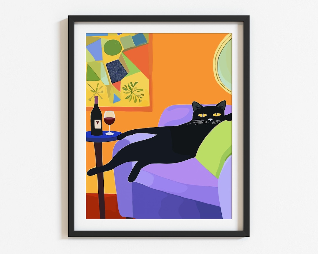 Retro Black Cat Wine Wall Art Bar Cart Decor Cocktail Art Wine Bar ...