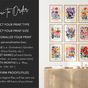 custom birth flower print, birth flower family bouquet, personalized birth flower poster, birth month flower art, carnation, violet, daffodil, daisy, lily of the valley, rose, larkspur, poppy, aster, marigold, chrysanthemum, poinsettia, forget me not