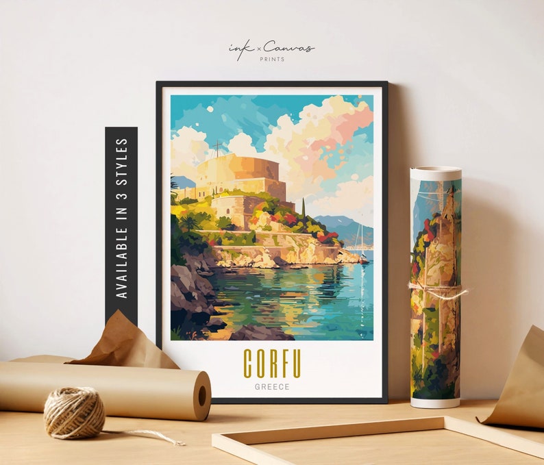 May include: A colorful painting of a fortress on a cliff overlooking a blue body of water. The painting is titled "Corfu, Greece".