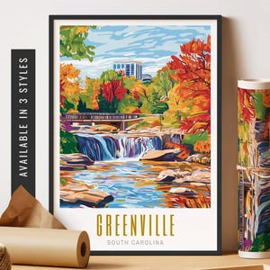 May include: A colorful illustration of a waterfall in Greenville, South Carolina. The image features a bridge over the water, trees with fall foliage, and a cityscape in the background. The text "GREENVILLE" and "SOUTH CAROLINA" is displayed below the image.