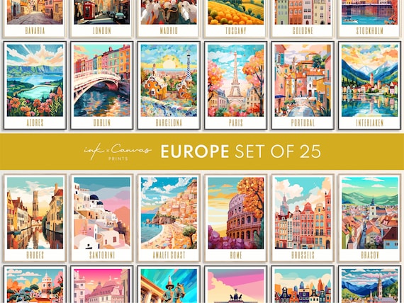 Europe Travel Poster Gallery Set of 25 European Travel Prints Digital Download Maximalist Wall Art Eclectic Home Decor Paris Santorini Rome
