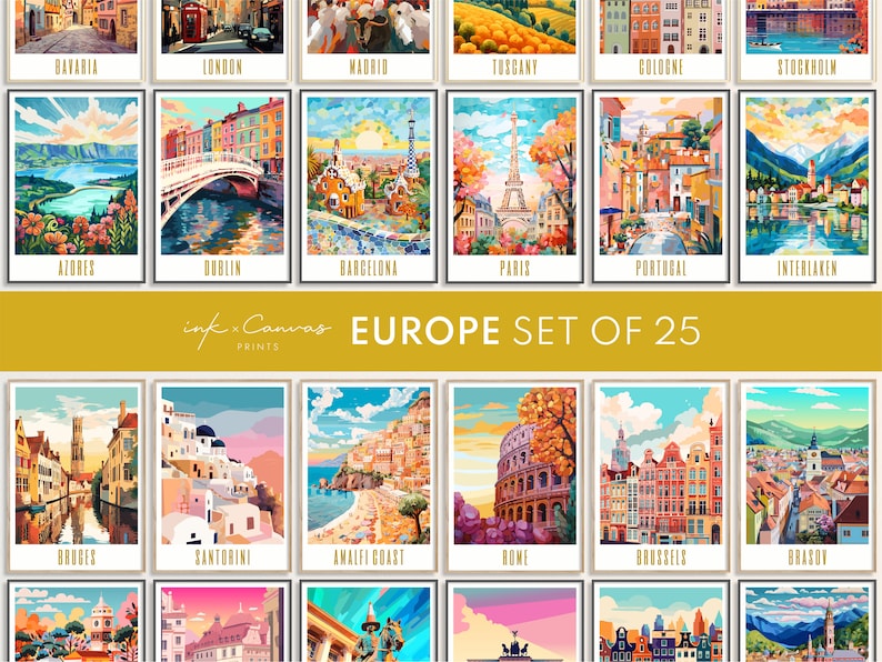 Europe travel poster gallery set of 25, portugal, london, madrid, tuscany, cologne, stockholm, azores, dublin, barcelona, paris, bavaria, interlaken, bruges, santorini, amalfi coast, rome, brussels, brasov, glasgow, amsterdam, berlin, prague, greece