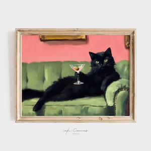Retro Black Cat Martini Wall Art Bar Cart Decor Cocktail Art Bar Decor ...