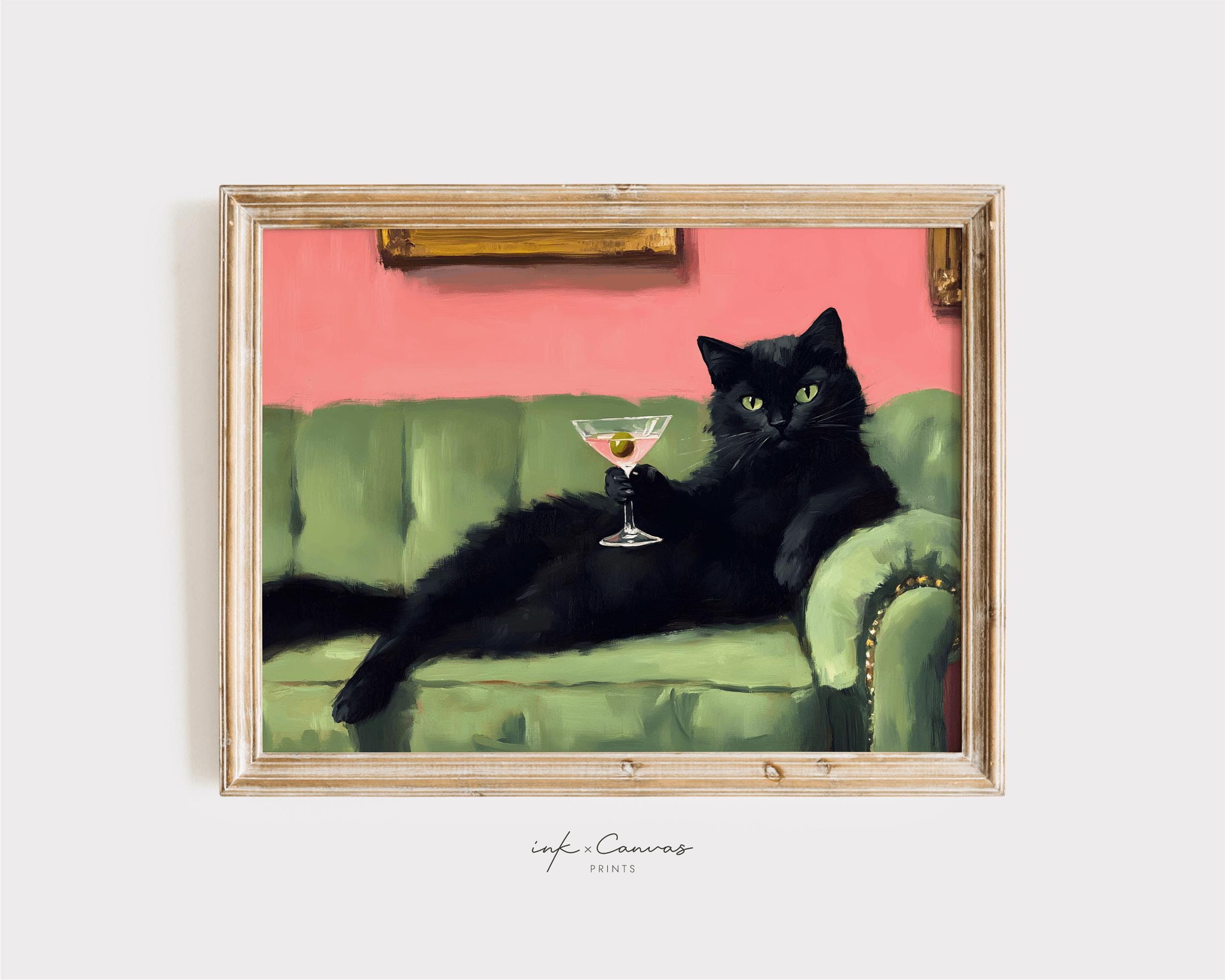 Retro Black Cat Martini Wall Art Bar Cart Decor Cocktail Art Bar Decor Vintage Oil Painting Black Cat Print Eclectic Wall Art Cute Cat Art