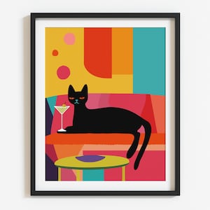 Retro Black Cat Martini Wall Art Bar Cart Decor Dirty Martini Art Cocktail Bar Decor Vintage Black Cat Print Eclectic Wall Art Cute Cat Art