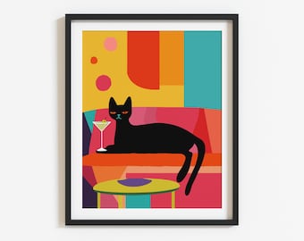 Art mural martini rétro chat noir bar chariot Decor art martini sale décoration bar à cocktails impression chat noir vintage art mural éclectique art chat mignon