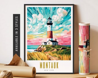Montauk NY Wall Art Montauk Lighthouse Print Retro City Poster Montauk New York Art Print Colorful Art Unframed Poster Travel Art Printable