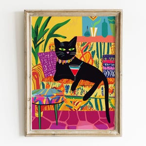 Retro Black Cat Wall Print Cocktail Bar Cart Decor Maximalist Art Colorful Bar Decor Vintage Black Cat Print Eclectic Wall Art Cute Cat Art