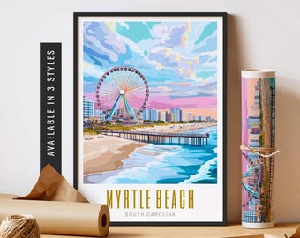 Op de afbeelding: Een kleurrijke illustratie van de skyline van Myrtle Beach met een reuzenrad, strand en pier. De tekst "Myrtle Beach" en "South Carolina" staat onder de afbeelding.