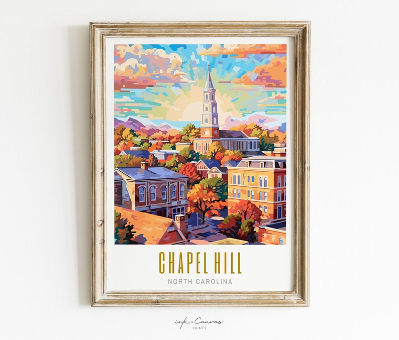 chapel hill poster, chapel hill print, chapel hill north carolina poster, chapel hill wall art, nc modern travel poster, retro travel print, city print, cities prints, vibrant wall art, landscape and scenery, destination poster, travel art print