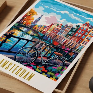 amsterdam poster, amsterdam print, amsterdam netherlands poster, skyline wall art, modern travel poster, retro travel print, us city print, us cities prints, vibrant wall art, landscape and scenery, architecture art, travel art, travel poster art