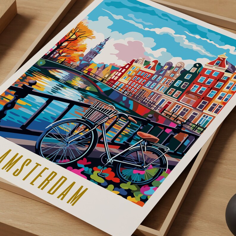 amsterdam poster, amsterdam print, amsterdam netherlands poster, skyline wall art, modern travel poster, retro travel print, us city print, us cities prints, vibrant wall art, landscape and scenery, architecture art, travel art, travel poster art