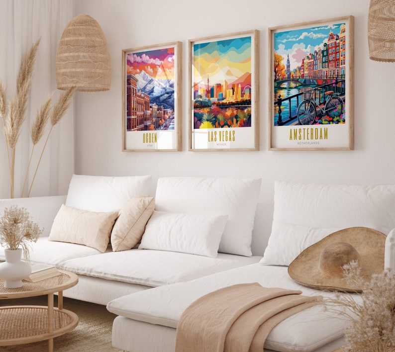 amsterdam poster, amsterdam print, amsterdam netherlands poster, skyline wall art, modern travel poster, retro travel print, us city print, us cities prints, vibrant wall art, landscape and scenery, architecture art, travel art, travel poster art