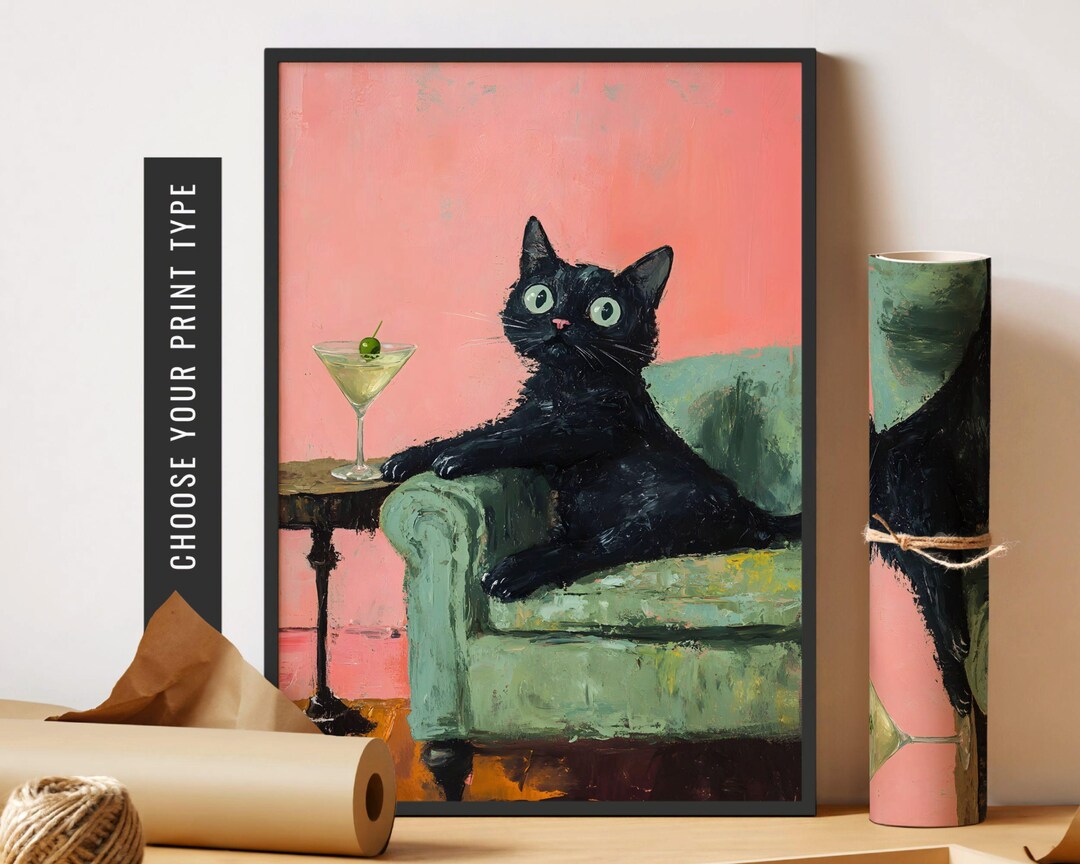Funny Black Cat Art Martini Bar Cart Decor Cocktail Art Bar Decor ...