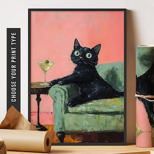 Art drôle de chat noir Martini Bar Cart Decor Cocktail Art Bar Decor vintage Peinture à l'huile Impression de chat noir Art mural rétro éclectique Art de chat mignon