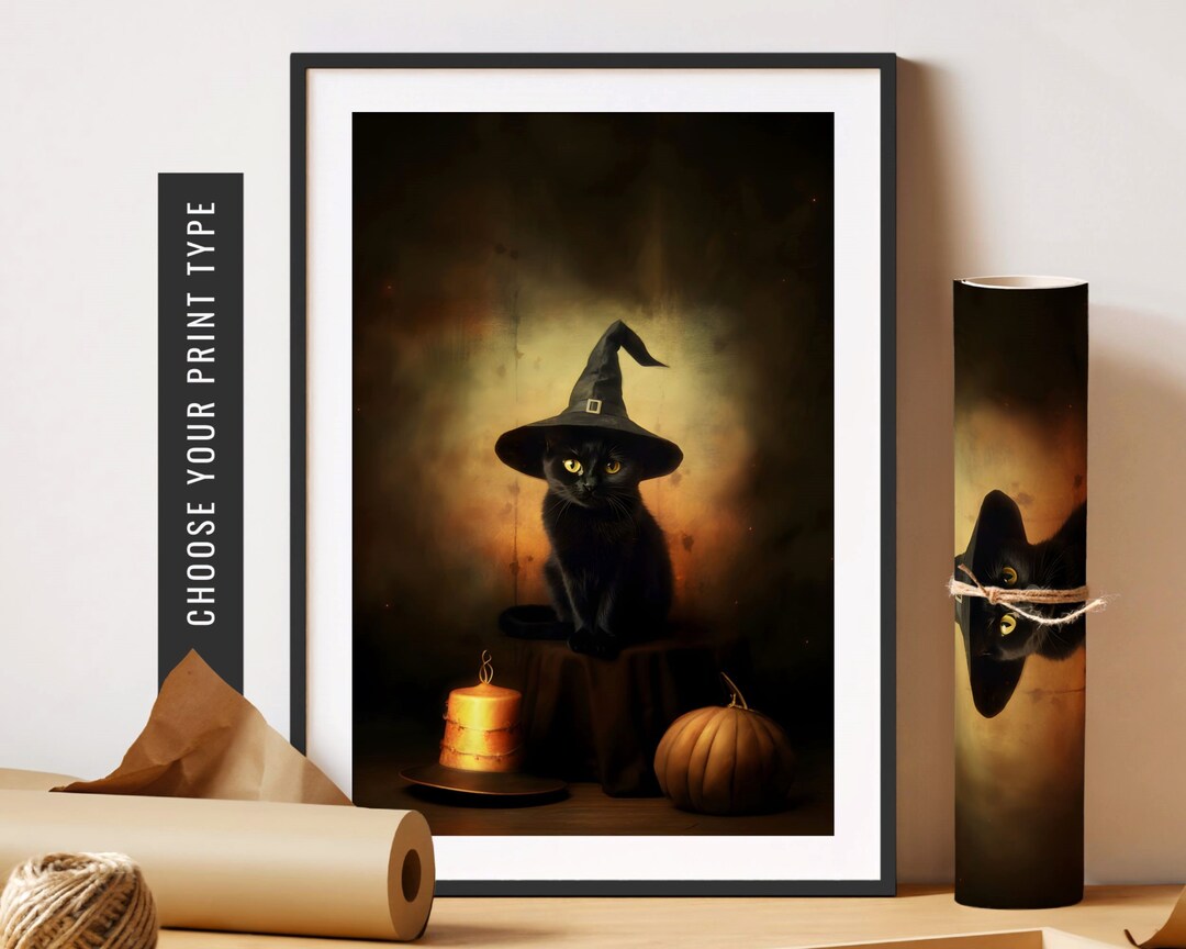 Halloween Wall Art Cute Black Cat Print Vintage Halloween Decor Black ...