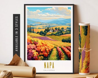 Puede incluir: Una ilustración colorida de un paisaje de viñedos en el valle de Napa, California. La imagen presenta colinas onduladas, viñedos y un pequeño pueblo en la distancia. El texto "NAPA CALIFORNIA" se muestra en la parte inferior de la imagen.