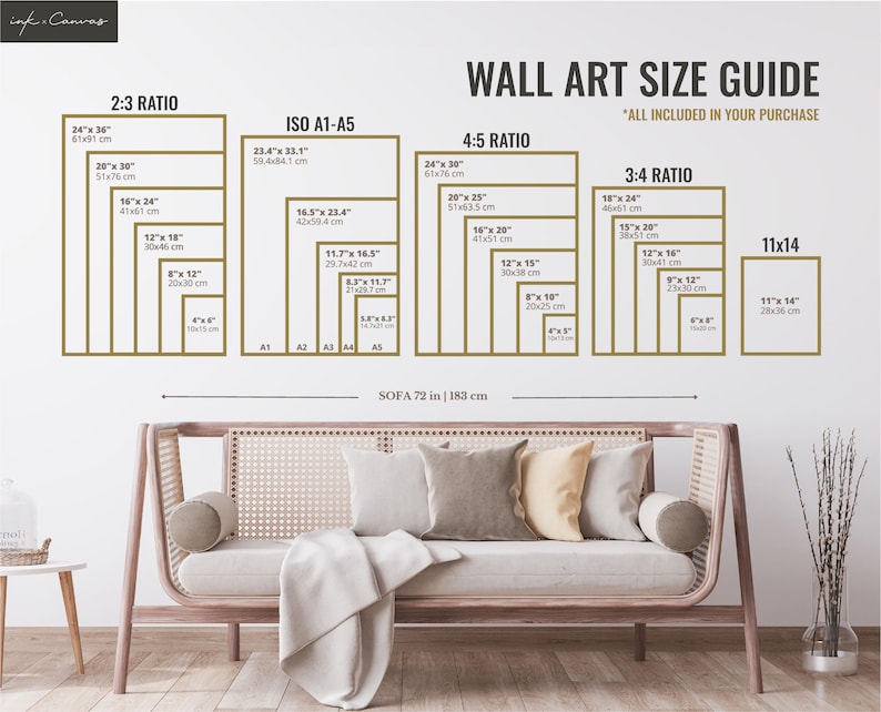 Wall art size guide for hanging, all sizes included with purchase