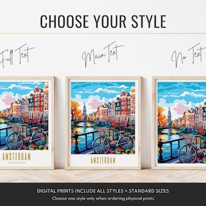 amsterdam poster, amsterdam print, amsterdam netherlands poster, skyline wall art, modern travel poster, retro travel print, us city print, us cities prints, vibrant wall art, landscape and scenery, architecture art, travel art, travel poster art