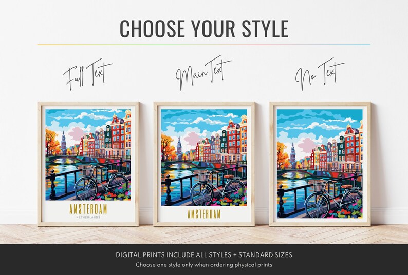 amsterdam poster, amsterdam print, amsterdam netherlands poster, skyline wall art, modern travel poster, retro travel print, us city print, us cities prints, vibrant wall art, landscape and scenery, architecture art, travel art, travel poster art