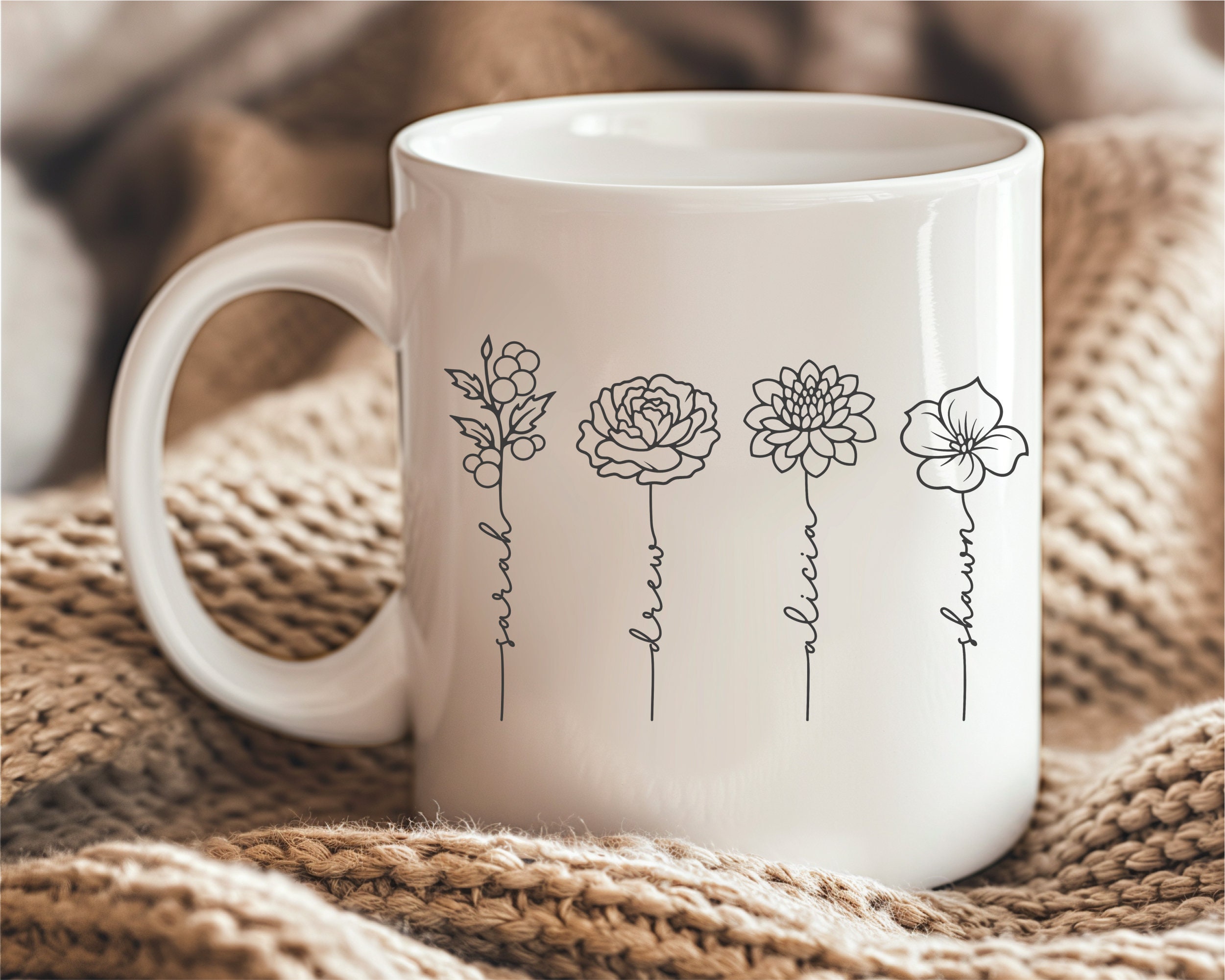 Custom Birth Flower Mug Gift for Mom Floral Coffee Mug Grandma's Garden Mug Personalized Family Bouquet - White 11 oz Mug Ceramic 15 oz Mug
