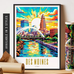 Des Moines Iowa Poster Des Moines Skyline Iowa Retro City Poster Travel Destination Art Des Moines Art Unframed Poster Travel Art Printable