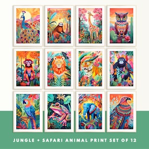 Set of 12 Colorful Animal Prints Fun Nursery Art Safari Animal Wall Art Cute Jungle Animal Prints Kids Room Printable Animal Nursery Decor