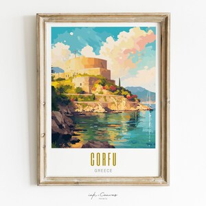 corfu poster, corfu print, corfu greece poster, corfu skyline wall art, modern travel poster, retro travel print, eu city print, eu cities prints, vibrant wall art, landscape and scenery, architecture  art, travel art, travel poster art