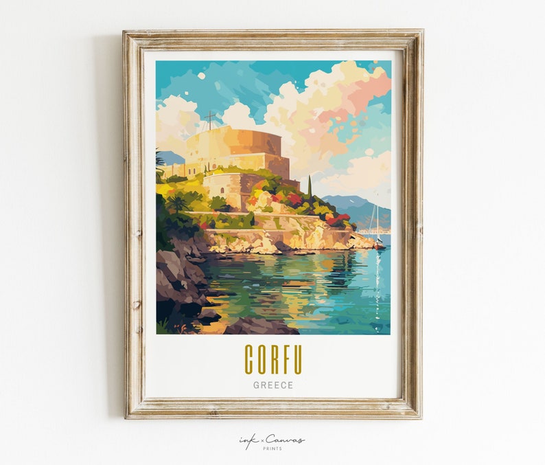 corfu poster, corfu print, corfu greece poster, corfu skyline wall art, modern travel poster, retro travel print, eu city print, eu cities prints, vibrant wall art, landscape and scenery, architecture  art, travel art, travel poster art