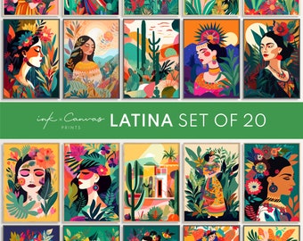 May include: A set of 20 digital art prints featuring Latina women in colourful, vibrant designs. The prints showcase a variety of styles, including traditional Mexican folk art, modern abstract art, and whimsical illustrations. The prints are perfect for adding a touch of colour and culture to any home or office.