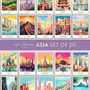 以下が含まれることがあります： アジアの有名なランドマークと都市のカラフルなイラスト20点セット。イラストは絵画のようなスタイルで、鮮やかな色が特徴です。画像の上部には「ink x Canvas Prints ASIA SET OF 20」というテキストがあります。