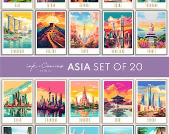 Asia Travel Poster Gallery Set of 20 Asian Travel Prints Digital Download Maximalist Wall Art Eclectic Home Decor Tokyo Japan Osaka Shanghai
