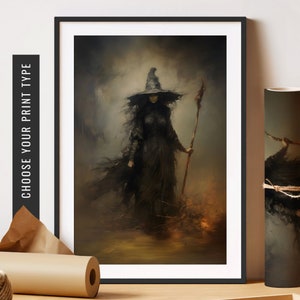 Halloween Wall Art Witch With Broom Art Print Vintage Halloween Witch Poster Oil Painting Print Spooky Decor Printable Halloween Decorations