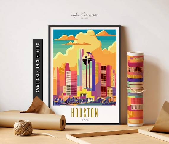 Houston Texas Poster Houston TX Print Retro Travel Poster Houston Texas Art Print Houston Skyline Unframed Poster Travel Art Printable Art