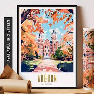Impression Auburn Alabama Art destination de voyage Auburn AL Impression Art mural coloré vibrant, affiche sans cadre Art de voyage en ville, décoration murale imprimable