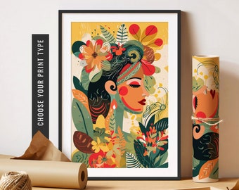 May include: A colorful abstract illustration of a woman's face surrounded by flowers and foliage. The woman has a red and yellow flower crown and her face is painted in a vibrant style. The background is a yellow and green color.