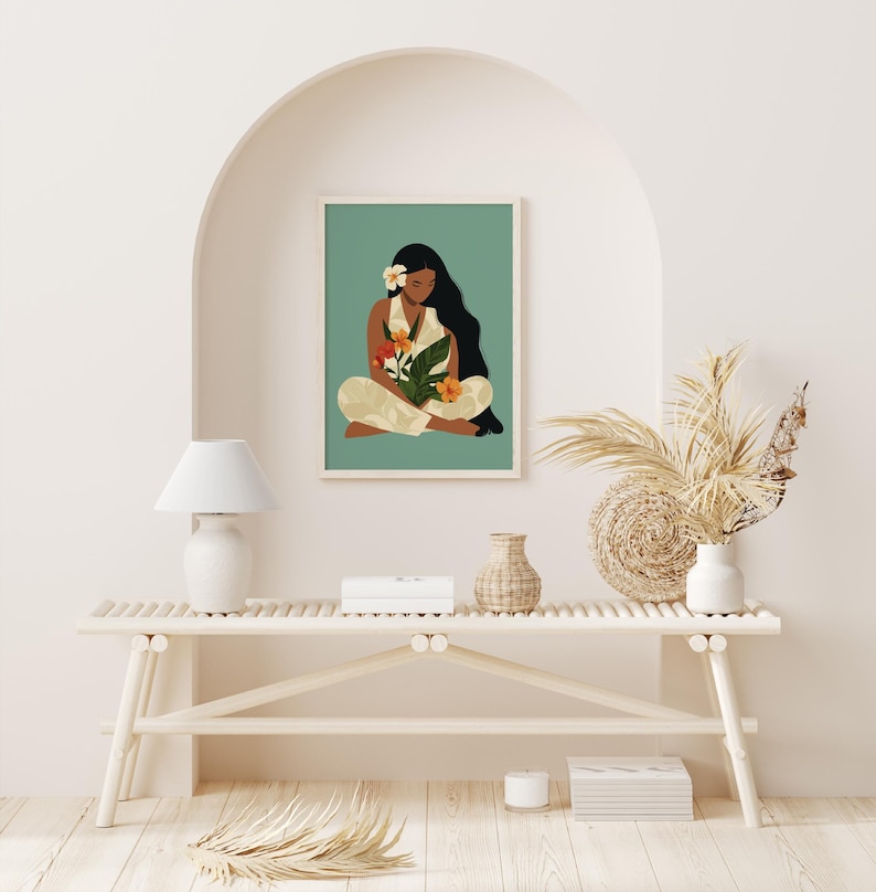 Boho Hawaiian Girl Print | Minimalist Home Decor | Eclectic Floral Wall ...