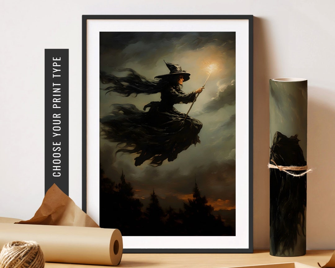 Halloween Wall Art Flying Witch on Broom Art Vintage Halloween Witch ...