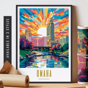 May include: A colorful illustration of the Omaha skyline with a river in the foreground. The illustration features a bright sunset with a sunburst effect. The text "OMAHA" and "NEBRASKA" are at the bottom of the image.