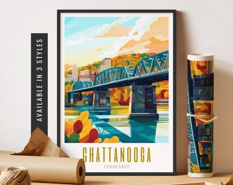 May include: A colorful illustration of a bridge over a river in Chattanooga, Tennessee. The bridge is blue and gray, and the river is blue and green. The city skyline is visible in the background, and there are trees on both sides of the river. The text "CHATTANOOGA" is written in gold letters below the bridge.